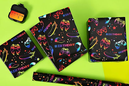 Titiweet Gaming Birthday Wrapping Paper for Boys Girls, 17 Inches x 33 Feet Black with Vibrant Game Controller, Skateboard & Cap Design Wrapping Paper for Game Lover