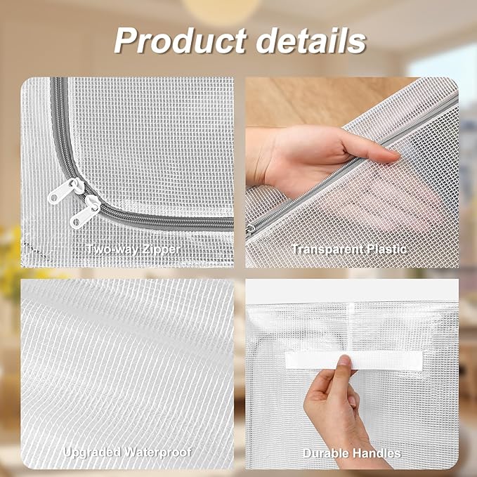Amiya 3-Pack Clear Plastic Storage Boxes with Metal Frame, 66L Foldable Clothes Organizer Bins with Lids, Stackable Waterproof Containers for Bedroom, Closet, Garage, Zippers, Handles