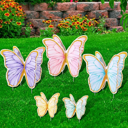 5 Pcs Giant Butterfly Garden Stakes Decorations, 3D Glitter Butterfly Yard Signs Spring Lawn Outdoor Decorative for Purple Tea Party Graduation Fairy Birthday Wedding Baby Shower Patio Decor