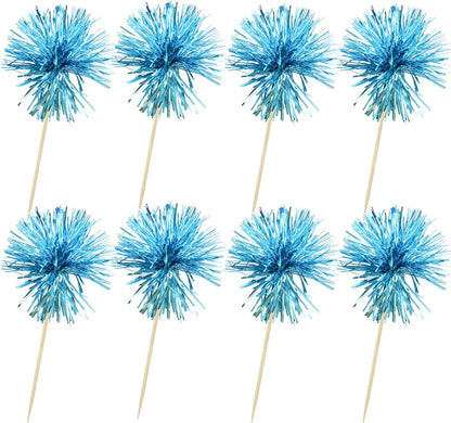 Ephlyn 30Pcs Foil Firework Cupcake Toppers Sparkle Tinsel Cupcake Picks Happy Birthday Cake Toppers Drink Stirrers Cocktail Food Toothpicks for Baby Shower Birthday Party Supplies Lake Blue