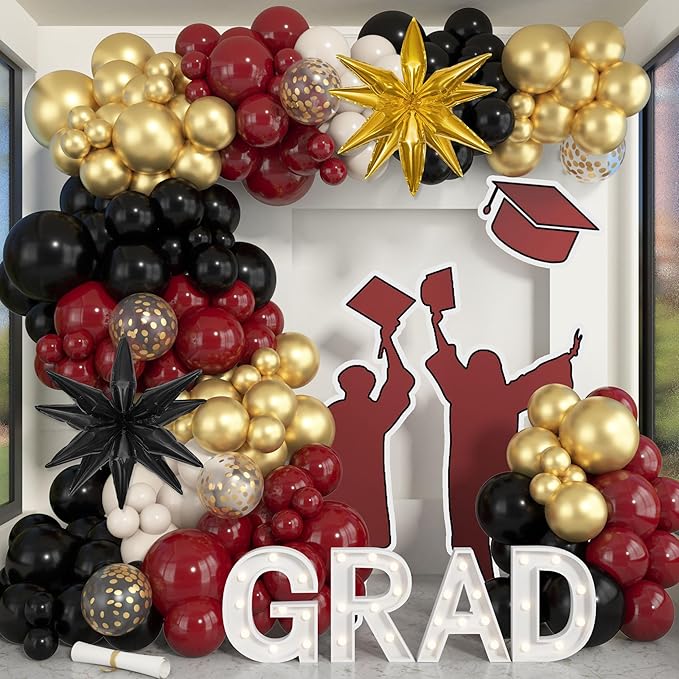 Amandir Burgundy Balloons Garland Arch Kit for Graduation Party Decorations, 145Pcs Maroon Black Gold Confetti Balloons with Foil Star for 2026 Graduation College Congrats Grad Class Birthday Supplies