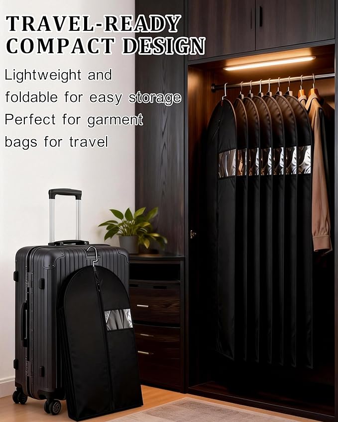47-Inch Garment Bags for Hanging Clothes, Clear Window Dust-Proof Suit Bags for Suits Coats Dresses - Closet Storage & Travel Garment Covers (Black)