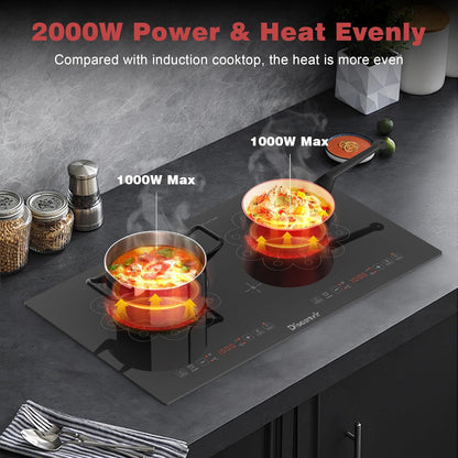 2 Burner Electric Cooktop - 24 Inch Electric Stove Built-in and Countertop, Portable Two Burner Ceramic Cook Top with Child Lock, Timer, Sensor Touch Control, 110V - 120V Plug in