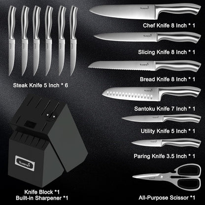 Kuisine Sharp Knife Set,One-piece Molding,Sharper Blade Ergonomic Non-slip Steel Handle,Block Knife Set Chef Knife Set with Built-in Sharpener(Black,15PCS)