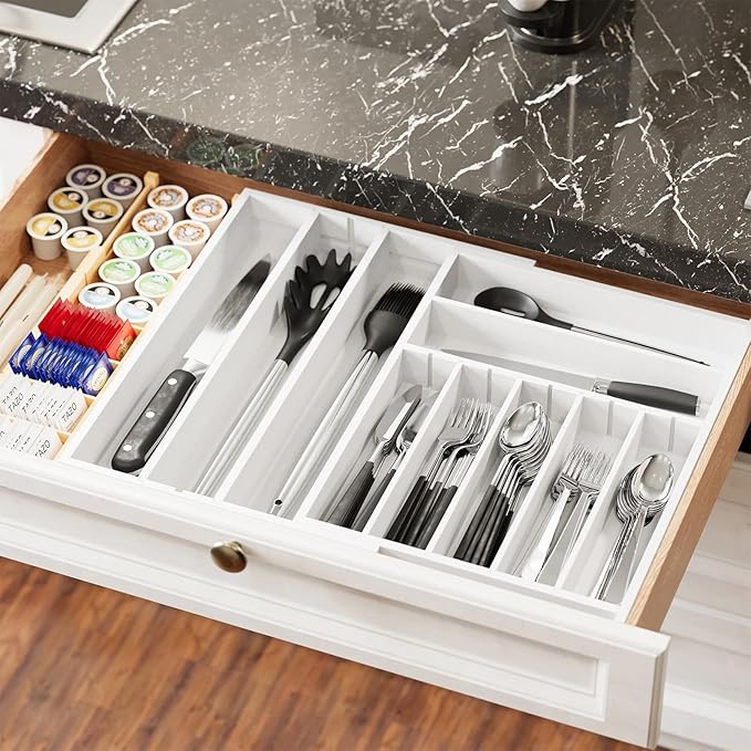 SpaceAid 2.5" High Bamboo Silverware Drawer Organizer with Labels, Kitchen Utensil Expandable Tray Holder for Flatware, Cutlery, Spoon and Knives Drawer Storage Organization (White)