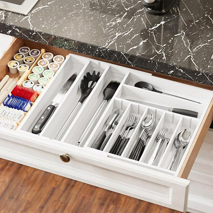 SpaceAid 2.5" High Bamboo Silverware Drawer Organizer with Labels, Kitchen Utensil Expandable Tray Holder for Flatware, Cutlery, Spoon and Knives Drawer Storage Organization (White)