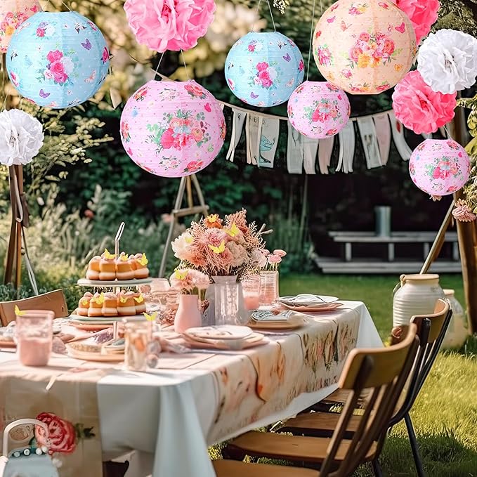 Rossesay 31 Pcs Tea Party Decorations Lanterns and Poms for Spring Fancy Party Decor 9 Flower Lantern 9 Tissue Bloom Poms 12 Butterfly Thread for Tea Garden Floral Birthday Wedding Bridal Shower