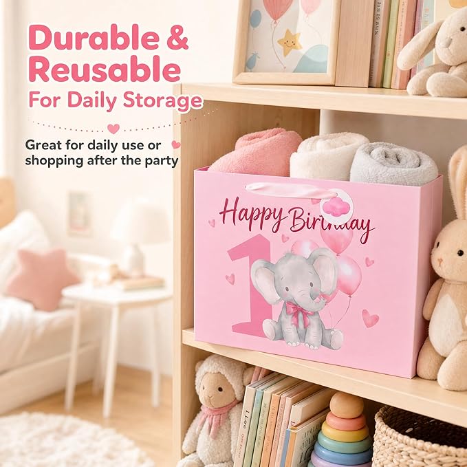 Powbrace 13" Pink Happy Birthday Gift Bag with Tissue Paper and Greeting Card for Party,Happy Birthday Gift Bag for Girls Babies,Gift Bags Medium size(1 PCS Pink Cartoon)