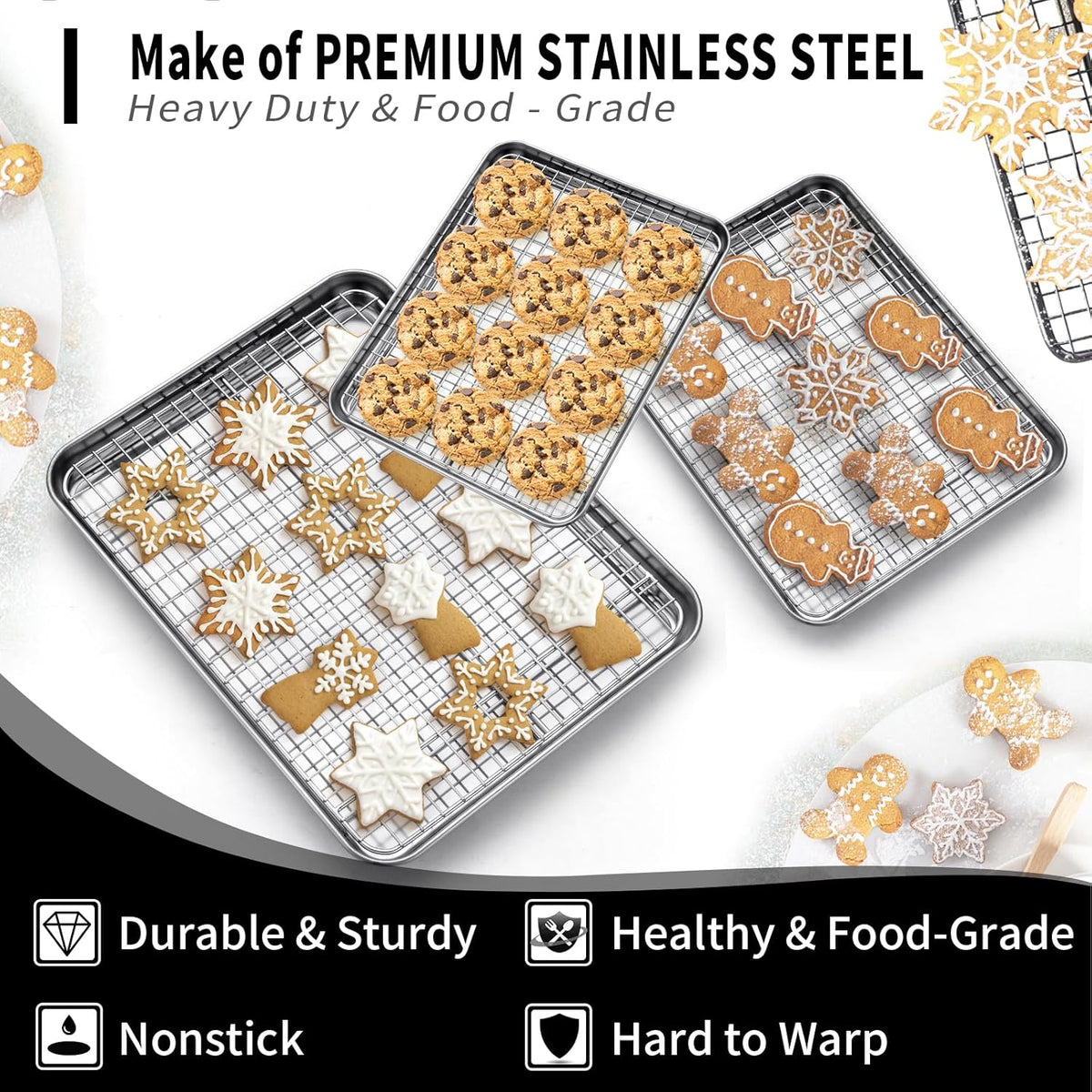 Cekee Baking Sheet with Wire Rack Set of 6 (3 Cookie Sheets for baking + 3 Cooking Racks)