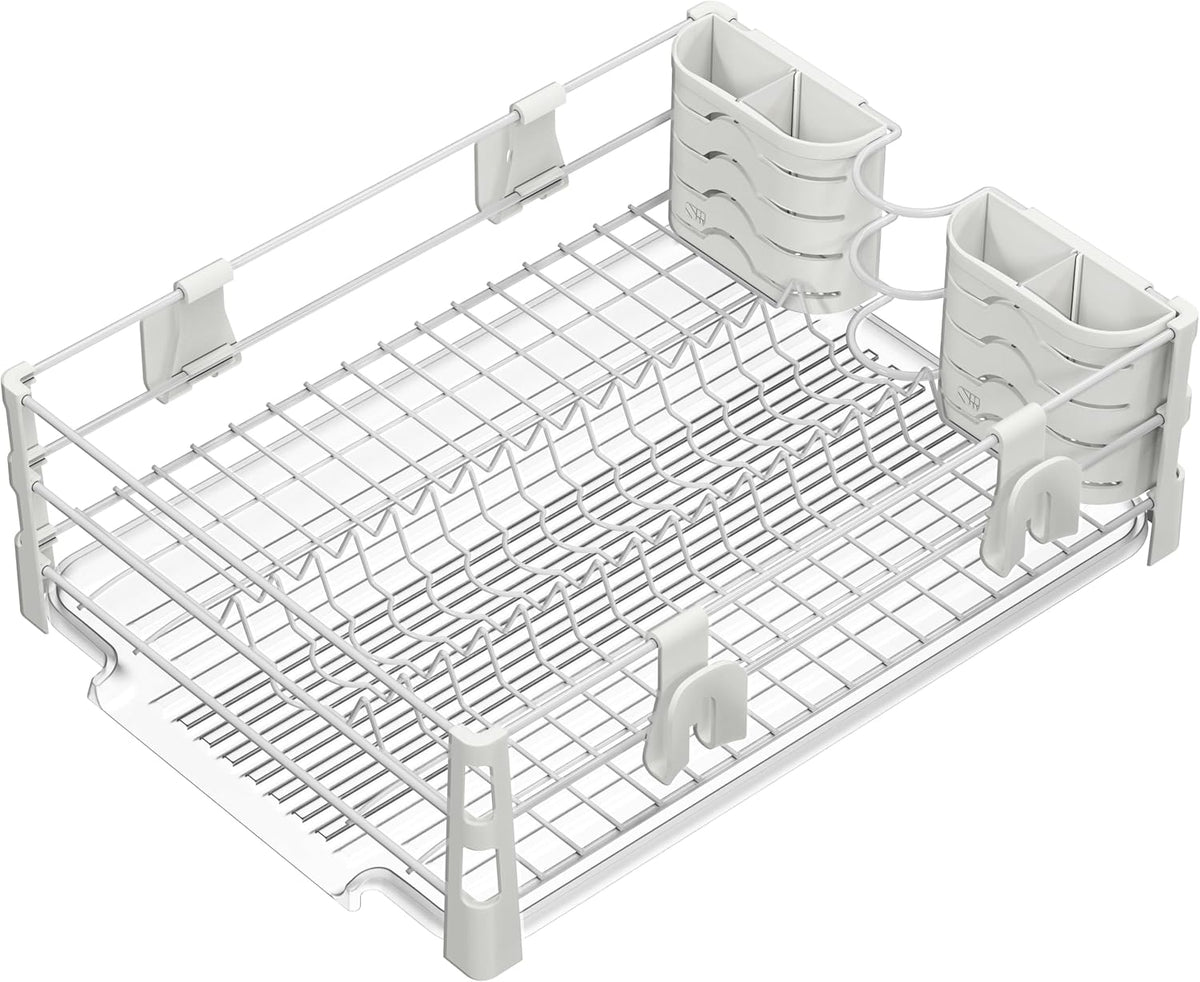 SIMPLE HOUSEWARE White Dish Drying Rack with Drainboard, Utensil Holder & Mug Hooks – Metal Kitchen Counter Organizer