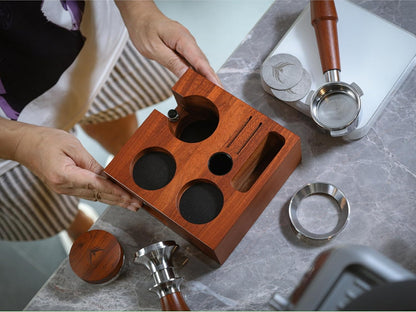Rosewood Espresso Workstation – Wooden Tamping Station Organizer 54mm & Coffee Knock Box Kit