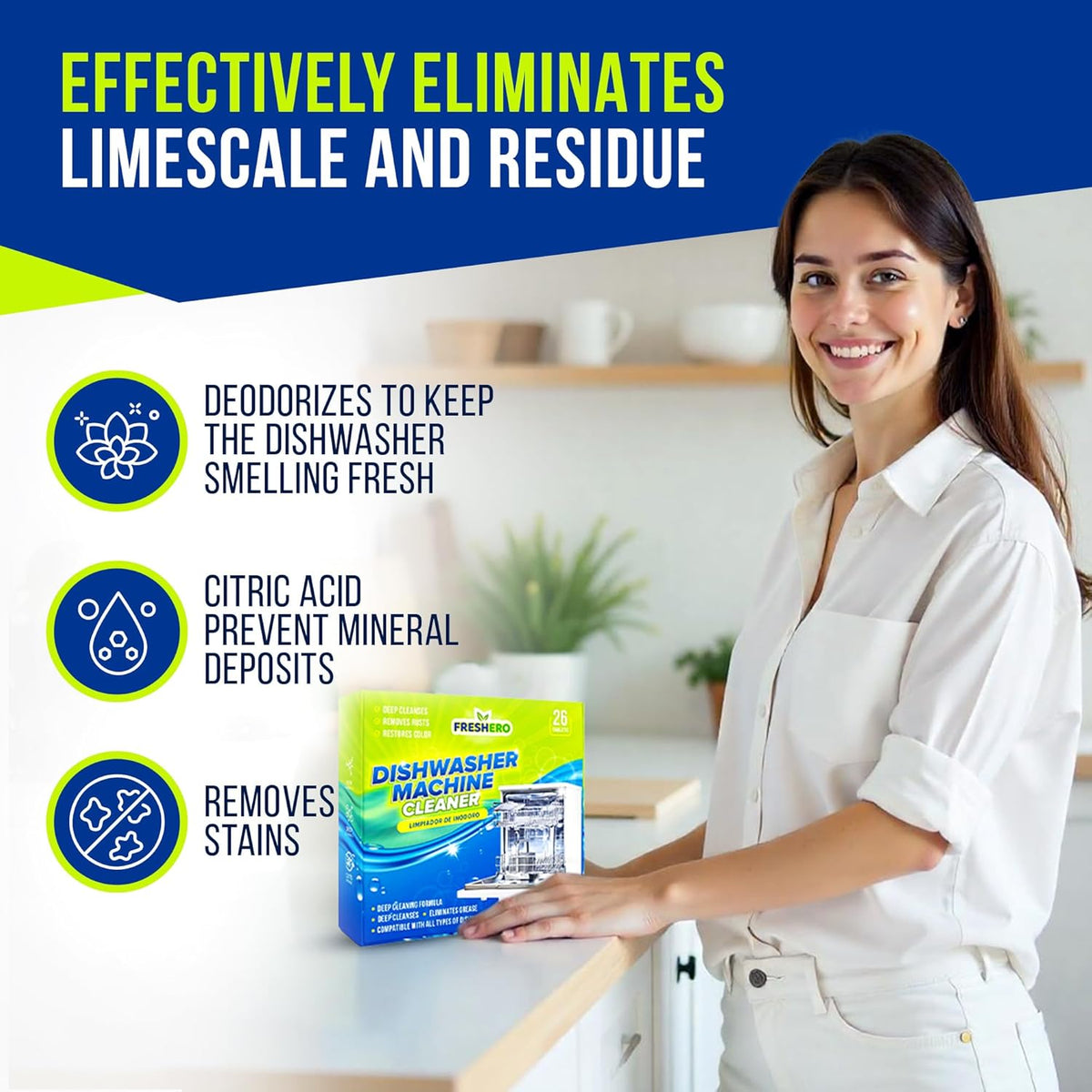 Dishwasher Cleaner and Deodorizer Tablets 26-Pack, Deep Cleaning Descaler for Dishwasher Machine, Heavy Duty, Septic Safe, Removes Grease & Build-ups