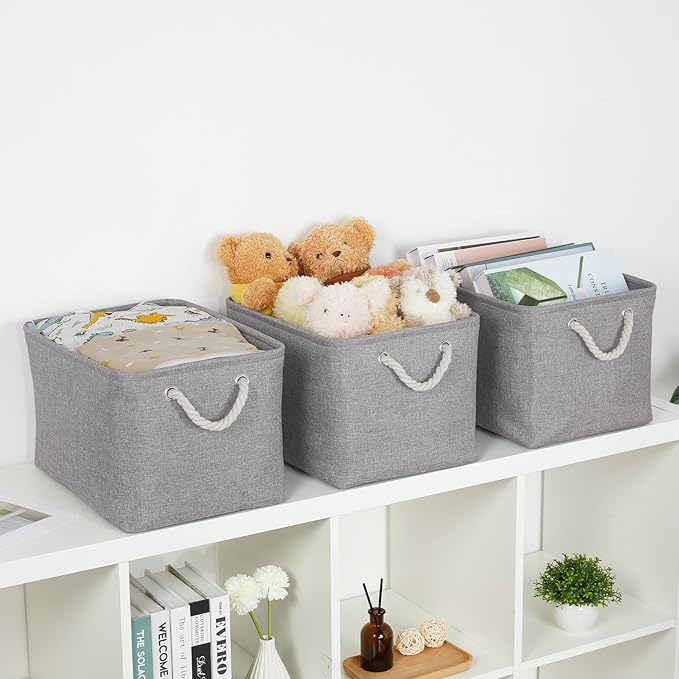 Bidtakay Storage Baskets Gray 3 Pack Shelf Baskets Collapsible Storage Bins for Clothes 15X11X9.5Inch Decorative Baskets with Handles Large Baskets for Organizing Closet Home Storage (Grey)
