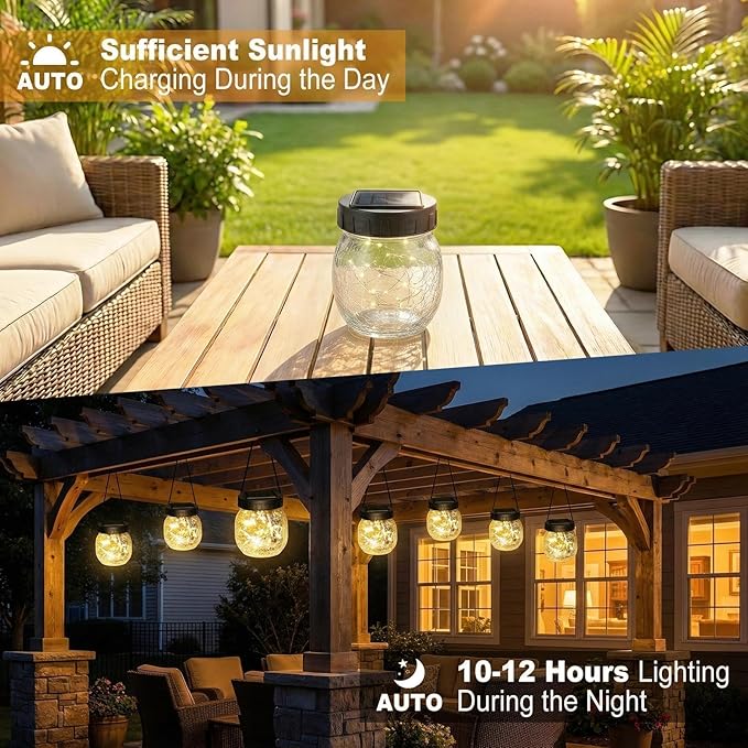 12 Pack Solar Lanterns Outdoor Waterproof, Crackle Glass Hanging Lights with Warm Glow, Waterproof Outside Lights for Tree Shepherd Hook Fence Patio Yard Decor & Gifts for Women Mom