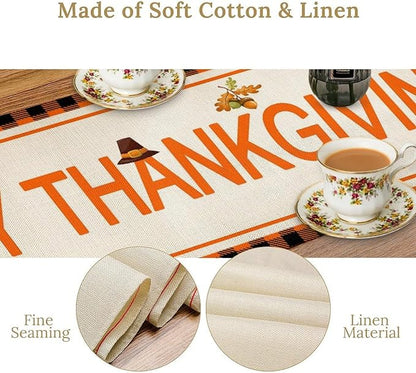 Happy Thanksgiving Table Runner, Autumn Pumpkin Maple Leaves Turkey Print Fall Harvest Holiday Kitchen Dining Table Decor for Indoor Outdoor Party, 13x108inch