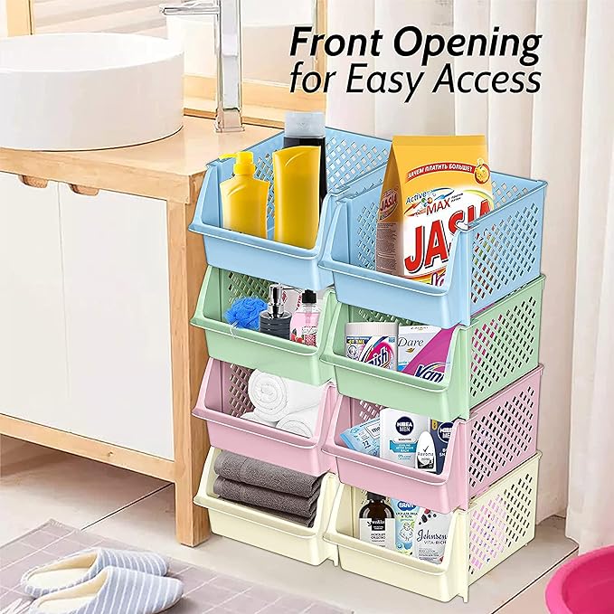 TidyFriend Stackable Storage Bins for Pantry, 4 Pack Stackable Bins For Organizing Food, Kitchen, and Bathroom Essentials (Multi)