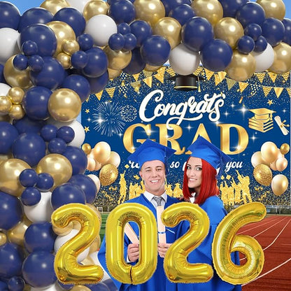 Blue And Gold 2026 Graduation Party Decorations - Graduation Balloon Arch Kit With Blue Gold Graduation Balloons, Congrats Grad Backdrop, 2026 Foil Balloons For High School Graduation Decorations
