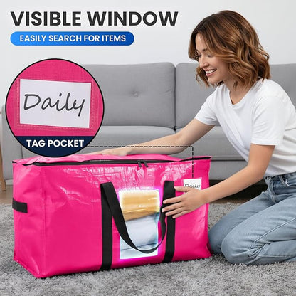 TAILI 8 Pack Pink Extra Large Moving Bags, Heavy Duty Totes with Visible Window, Wrap Around Handles, Space-Saving Storage, Alternative to Moving Boxes