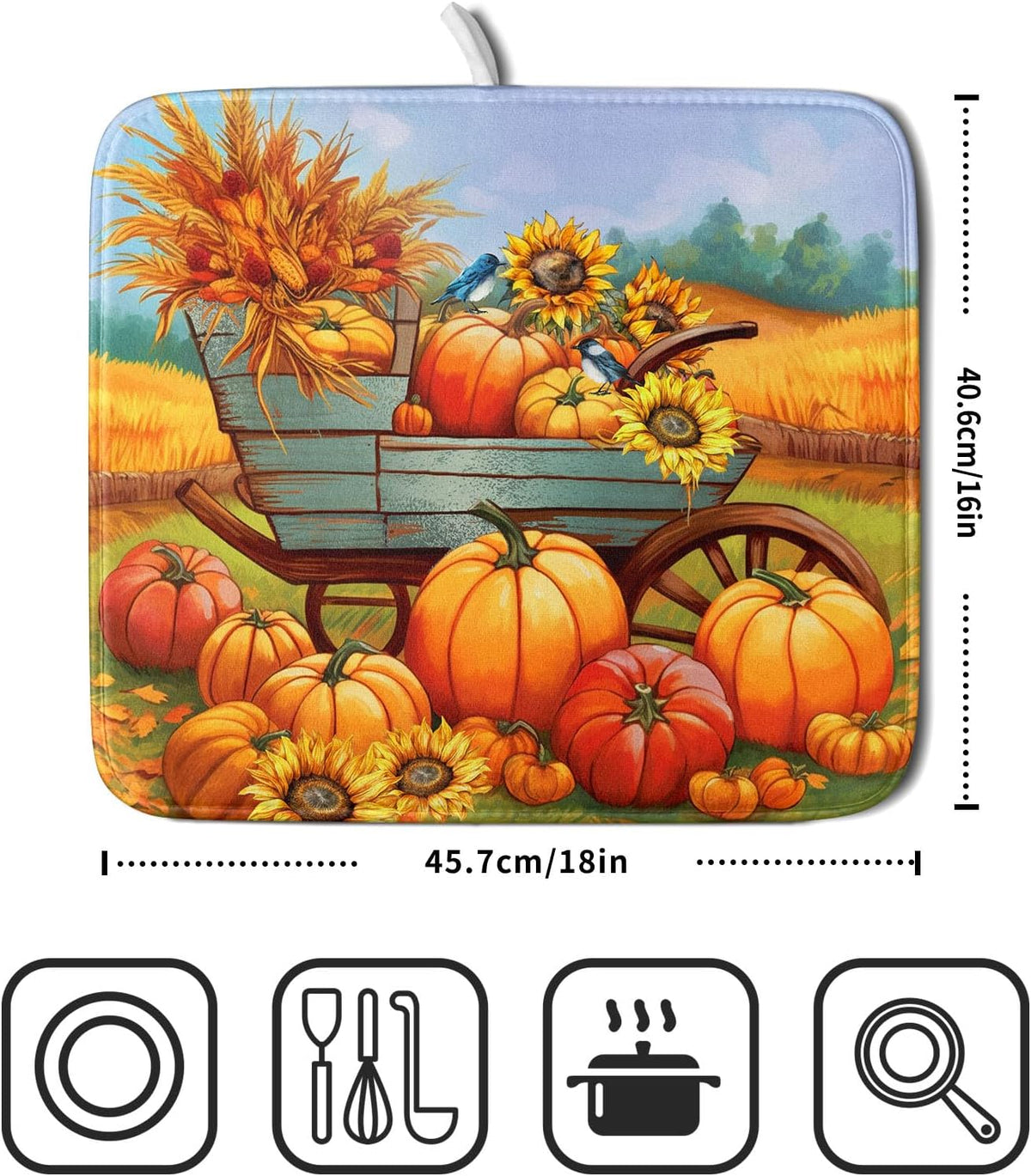Thanksgiving Autumn Harvest Pumpkin Dish Drying Mat for Kitchen Counter,Sunflowers and Cart Drying Mat 16 x 18 Inch Microfiber Dish Drying Pad Ear of