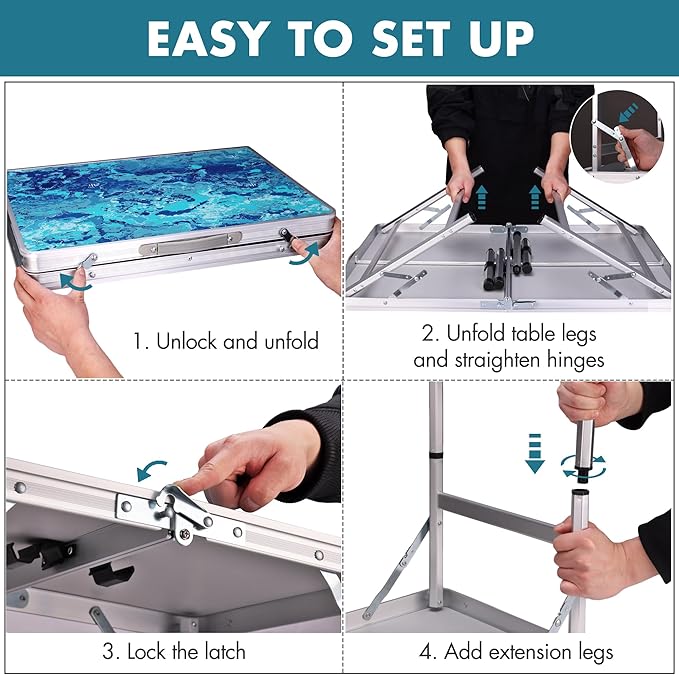 VILLEY Folding Camping Table 3FT, Adjustable Height Portable Aluminum Table with Handle, Lightweight Foldable Table for Outdoor Picnic BBQ Travel Camping Indoor Use