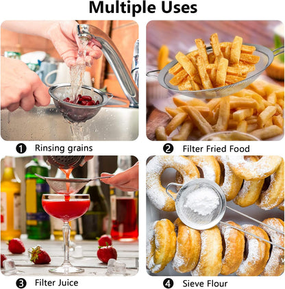 3Pcs Super Wire Extra Fine Mesh Strainer with Handle, Small Medium Large Size Sifter Metal Strainer Set