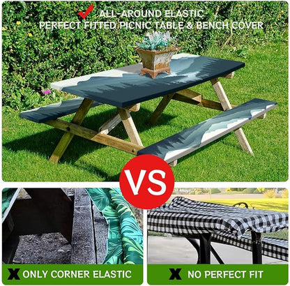 Mountain Landscape Picnic Table Cover with Bench Covers and Carrying Bag, Green Nature Forest Woodland Outdoor Camping Essentials 6FT 4PCS Fitted Rectangle RV Must Haves Tablecloth