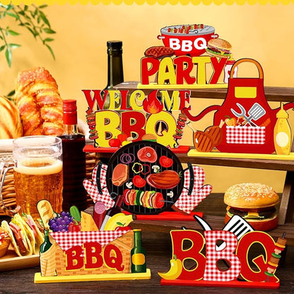Pickmesh 6 Pcs BBQ Wooden Table Centerpieces BBQ Wood Tabletop Signs Barbecue Themed Party Decorations Home Decoration Birthday Baby Shower Decorations for Summer Carnival Party Picnic Supplies
