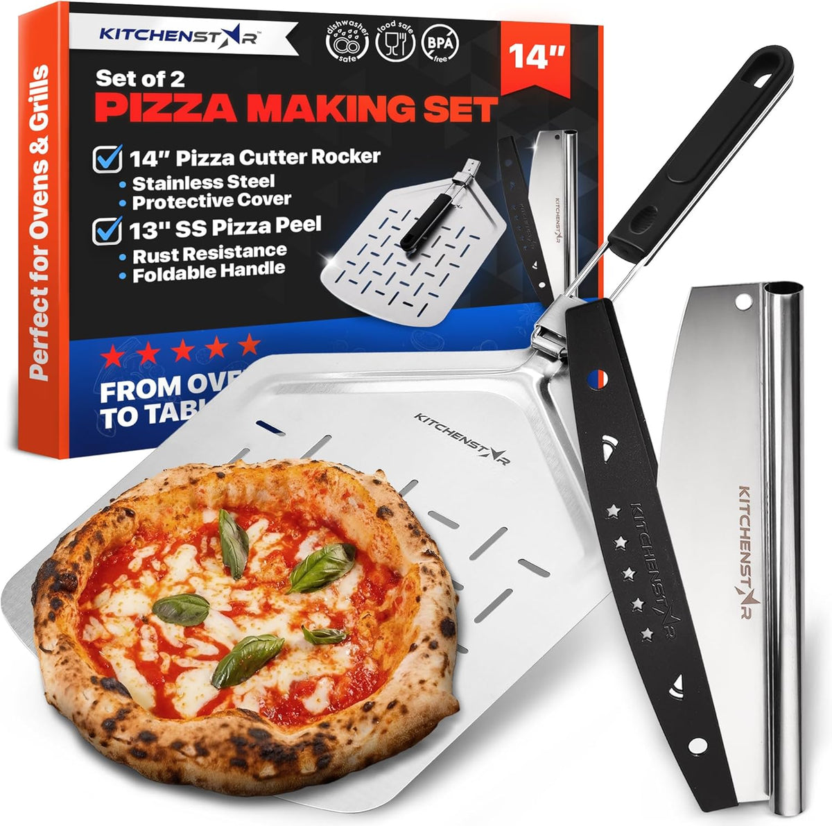 14" Pizza Making Kit (Set of 2) - 14" Pizza Cutter Rocker Knife with Blade Cover + 13" Perforated Stainless Steel Pizza Peel with Folding Handle