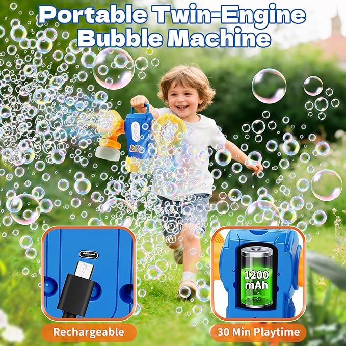 Rechargeable Bubble Machine for Kids, Dual Switch Control, Automatic 360° Rotation & 90° Adjustable Bubble Blower Maker with LED Lights Indoor Outdoor Toy Gift for Birthday Wedding Parties