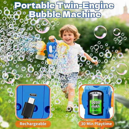 Rechargeable Bubble Machine for Kids, Dual Switch Control, Automatic 360° Rotation & 90° Adjustable Bubble Blower Maker with LED Lights Indoor Outdoor Toy Gift for Birthday Wedding Parties