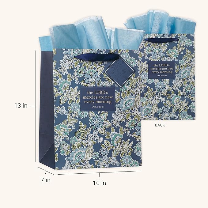 Christian Art Gifts Large Portrait Inspirational Scripture Gift Bag, Tag & Wrapping Tissue Paper Set for Women: Mercies are New Encouraging Bible Verse, Sturdy Satin Ribbon Handles, Blue/Green Floral