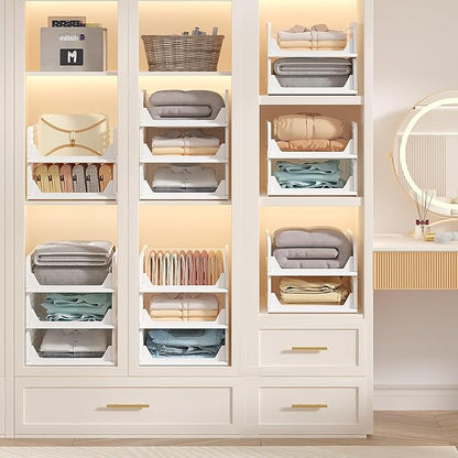 VECELO 4 Pack Plastic Closet Shelf Organizer, Stackable Sweater Storage Closet Drawers, Foldable Wardrobe Organizer, Easy Assembly, Durable and Space Saving for Closet, Bathroom, Kitchen, Gray