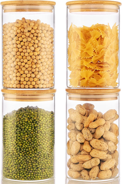 32oz - 4 Pack Glass Jars with Bamboo Lids, Glass Pantry Storage Containers with Airtight Lids, Round Air Tigh Food Storage Canisters for Cereal