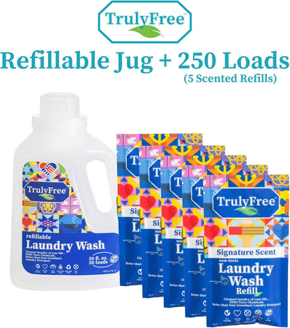 Truly Free Natural Laundry Detergent for Sensitive Skin | Eco Friendly, Plant Based, Baby Clothes Safe | Clean & Easy Powder to Liquid, 5 Pack Detergent + 1 Refillable Jug | Signature Scent 250 Loads