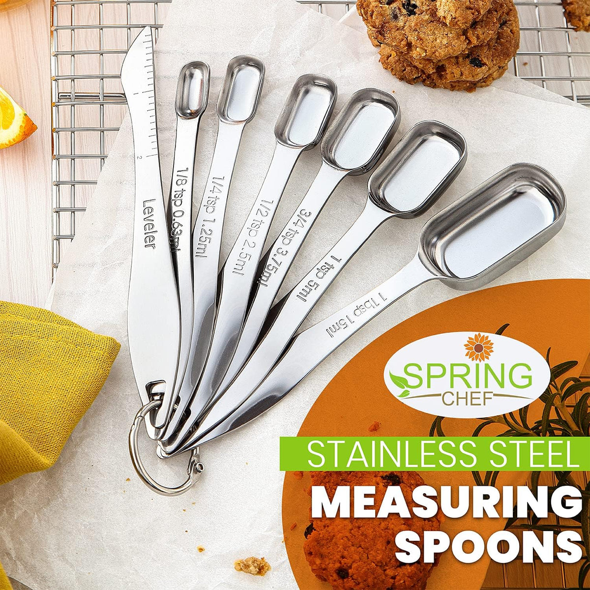Spring Chef Stainless Steel Measuring Spoons Set of 7 with Leveler, Rectangular Metal Teaspoon & Tablespoon Measuring Spoons for Dry & Liquid