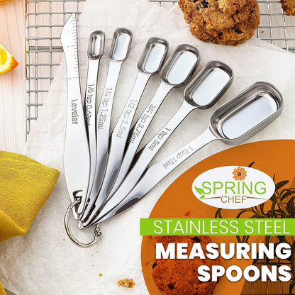 Spring Chef Stainless Steel Measuring Spoons Set of 7 with Leveler, Rectangular Metal Teaspoon & Tablespoon Measuring Spoons for Dry & Liquid