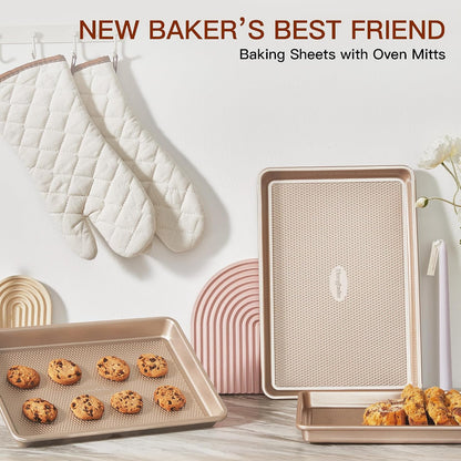 3 Pack Gold Nonstick Baking Sheet Pan Set with Oven Mitts Heat Resistant, Non-Toxic Half/Quarter/Jelly Roll Pans with Diamond Texture Pattern, Heavy Duty 0.8mm Thick Cookie Trays for Cooking