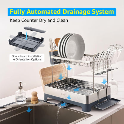 SUNLY Large Dish Drying Rack, Multipurpose 2 Tier Dish Racks for Kitchen Counter, 304 Stainless, Extra Large Drain Board