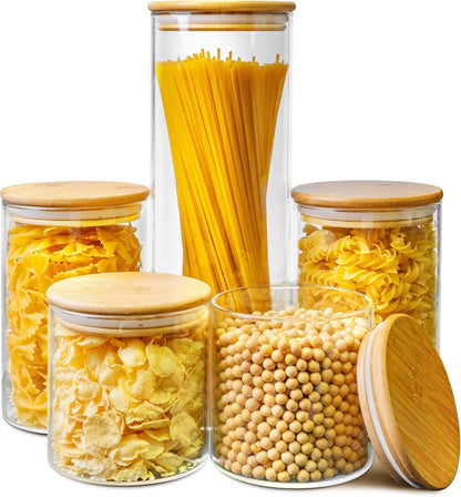 Multi Size - 5 Pack Glass Jars with Bamboo Lids, Glass Pantry Storage Containers with Airtight Lids, Round Air Tigh Food Storage Canisters for Cereal
