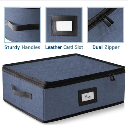 Hearth & Harbor Coffee Mug Storage, Quilted and Stackable Coffee Cup Storage Organizer for Service of 12, Mug Storage Box with Dividers, China Containers Hard Shell for Moving and Organization, Blue