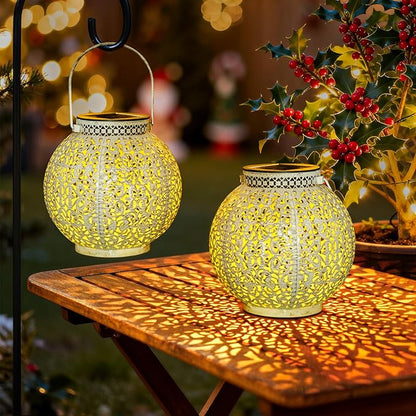 TAKE ME 2 Packs White Solar Lanterns Outdoor Waterproof Garden Laterns Metal Retro Lights for Mothers Gifts Mom Wife Grandma Birthday Gifts (White Set of 2)