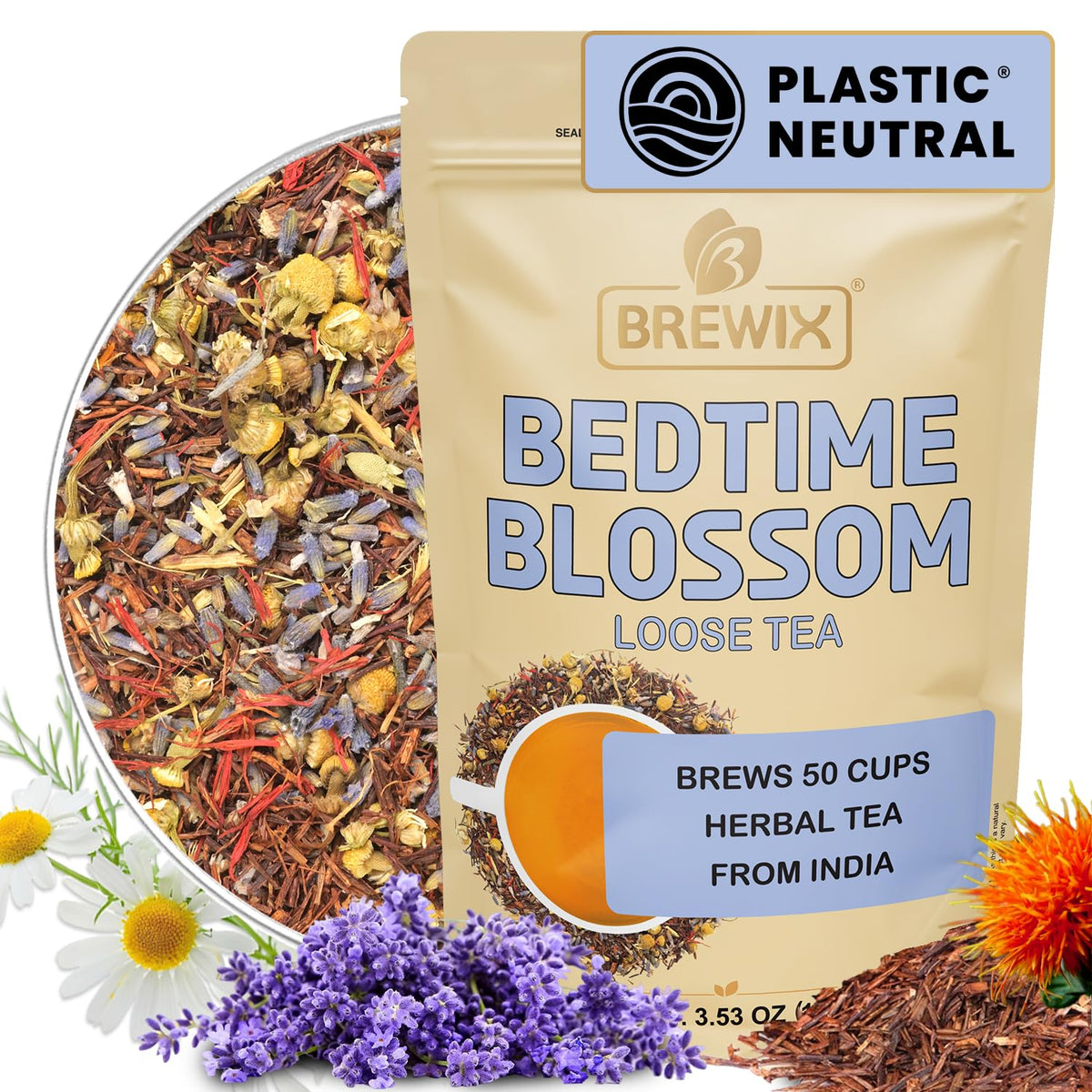 Brewix, Bedtime Blossom Calming Tea For Sleep (50+ Cups) Herbal All Natural, Supports a Good Night’s Sleep, Night Time, Caffeine Free with Rooibos