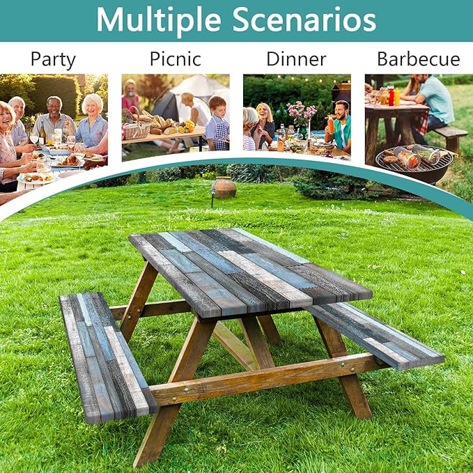 JAWO Picnic Table Cover with Bench Covers Rustic Wood Farmhouse Waterproof Windproof Fitted Outdoor Patio Camping Rectangle Tablecloth Washable 72x30 Inch Elastic Edges Blue Grey