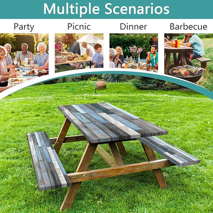 JAWO Picnic Table Cover with Bench Covers Rustic Wood Farmhouse Waterproof Windproof Fitted Outdoor Patio Camping Rectangle Tablecloth Washable 72x30 Inch Elastic Edges Blue Grey