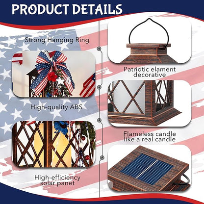 Patriotic Solar Lanterns Outdoor, Waterproof Garden Hanging Lanterns, 13" Patriotic Decorations Outdoor Lantern with Led Flameless Candles, 4th of July Lantern for Porch, Yard, Patio Decor