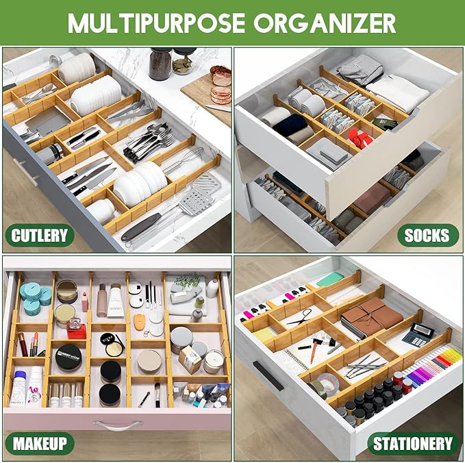 Bamboo Drawer Dividers with 12 Inserts, 16.3-22inches, Expandable Organizer, Adjustable Separators for Bedroom, Bathroom, Dresser 6 Pack