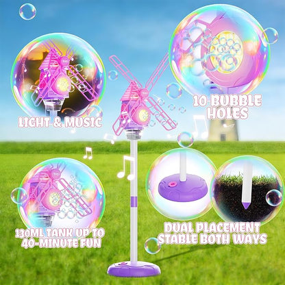 Windmill Bubble Machine for Kids, 51" Adjustable Height Standing Bubble Maker with Lights & Music, 10-Hole Battery Operated Bubble Blower with 130ml Tank, Outdoor Backyard Party Toys for Toddlers