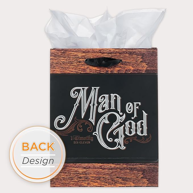 Christian Art Gifts Medium Portrait Scripture Gift Bag, Tag & Wrapping Tissue Paper Set for Men: Man of God, Matted, Satin Handles, Black/Brown/Silver
