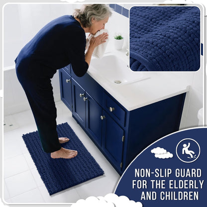 Yimobra Bathroom Runner Rug 55x24 Inch - Extra Long Non Slip Chenille Bath Mat, Soft & Absorbent, Machine Washable Shaggy Hallway Carpet for Vanity Tub Shower, Navy Blue Home Decor Accessories
