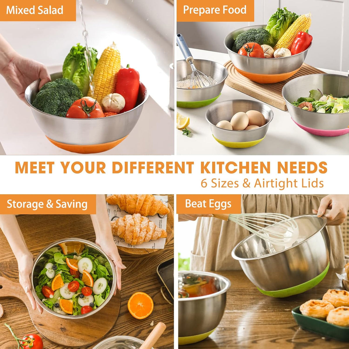 Umite Chef Mixing Bowls with Airtight Lids, 6 Piece Stainless Steel Metal Bowls, Measurement Marks & Colorful Non-Slip Bottoms Size 7, 3.5, 2.5, 2.0